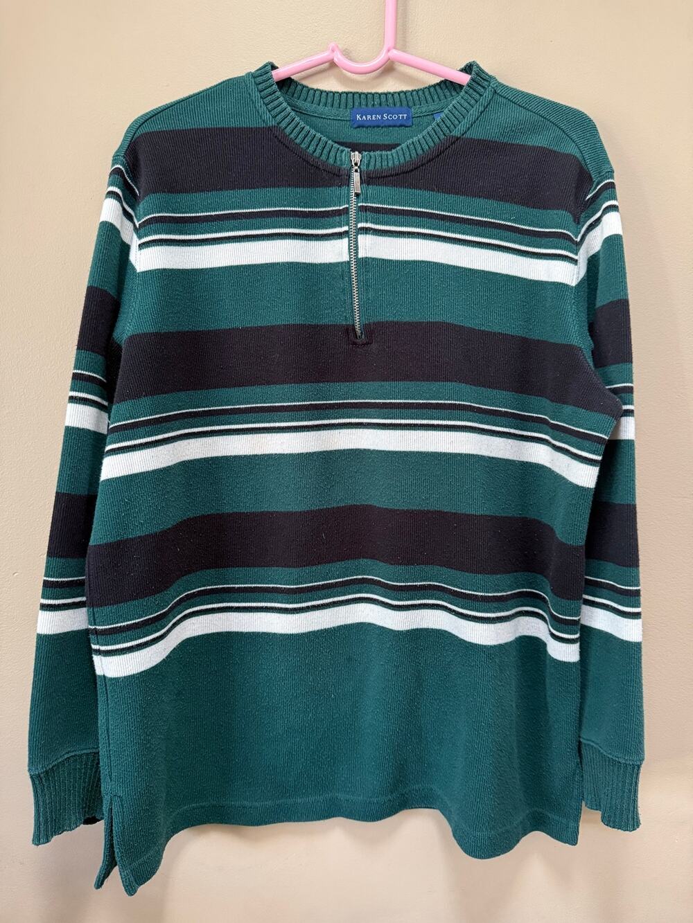 Karen Scott Boys Pullover Green Stripe 1/4 Zip, Size L